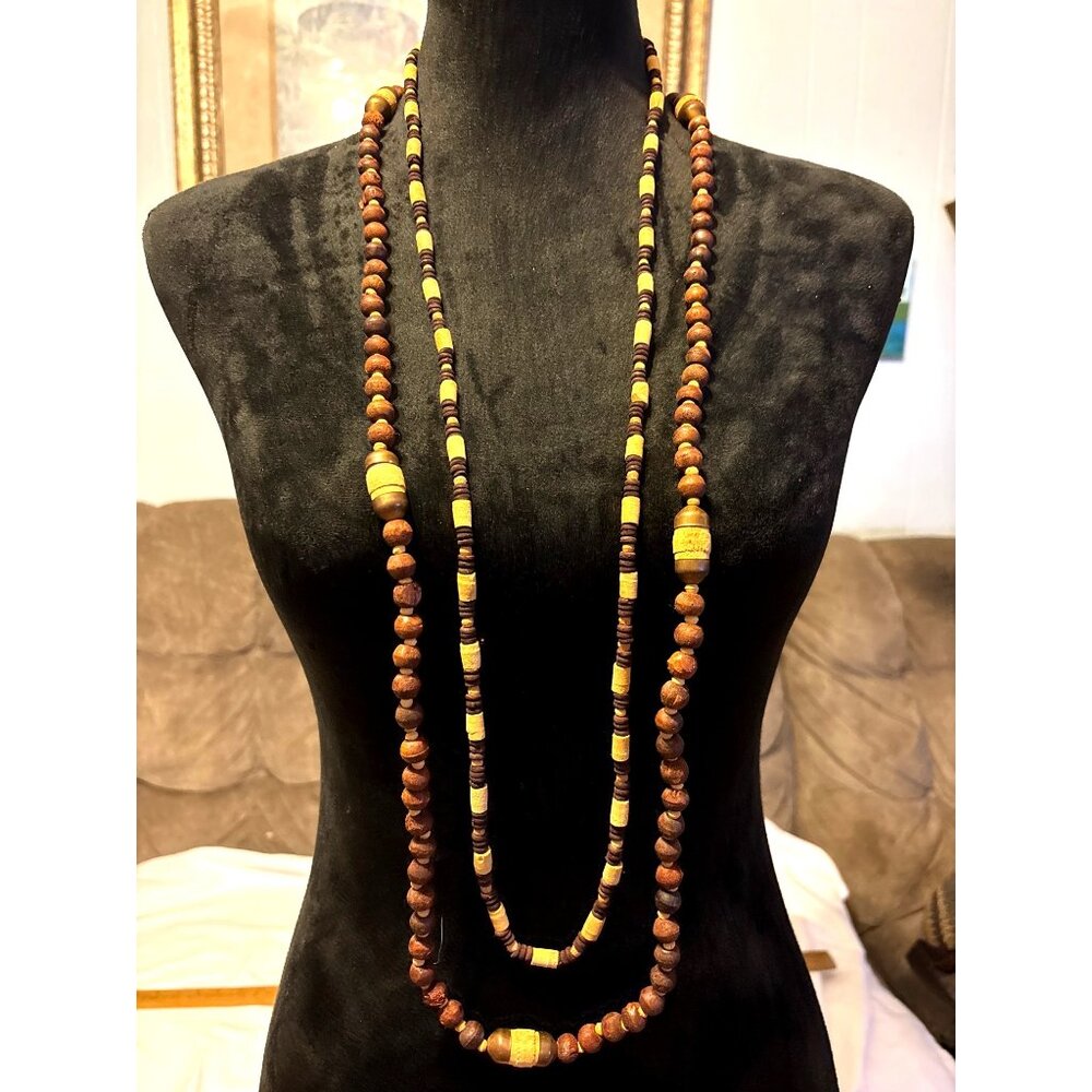 Wooden Beaded Layered Necklace Set Earthy Artsy Handcrafted Boho Rustic Hippie